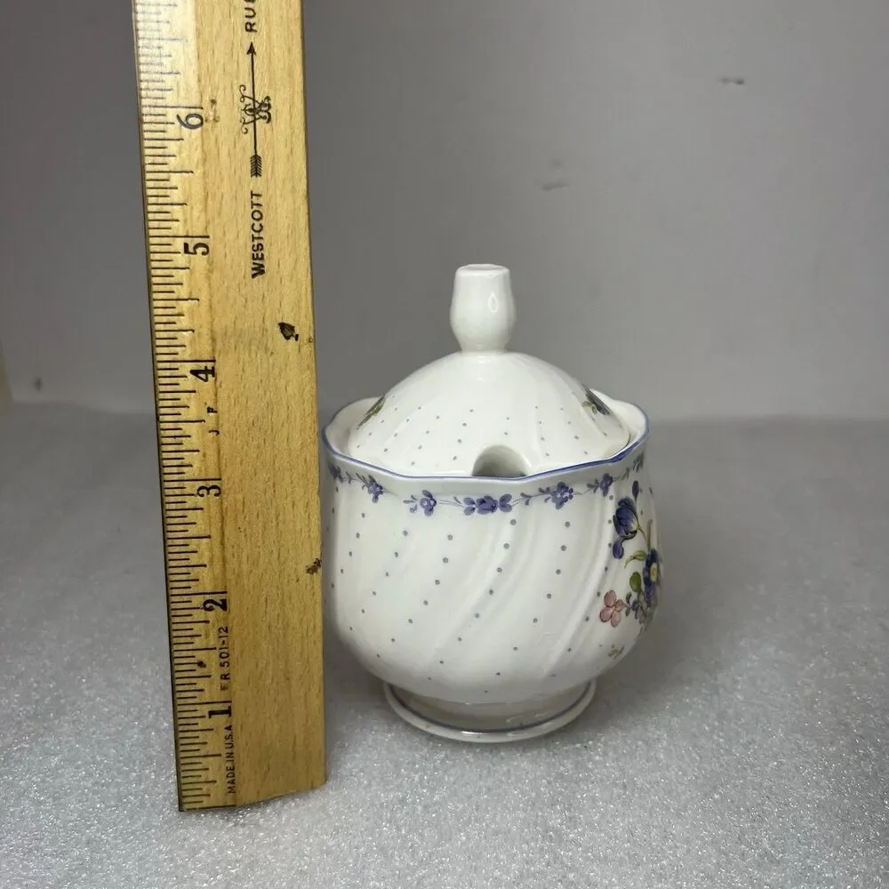 Vtg Nikko Blue Peony Sugar Bowl & Candy Compote Floral Dot Cottagecore Japan